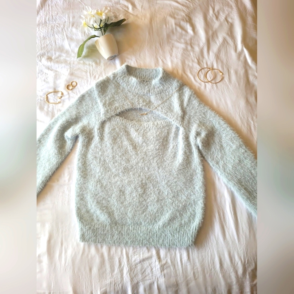 Blue Cut-out Sweet&Sinful Polyester Acrylic Woman's long sleeve fuzzy shirt
